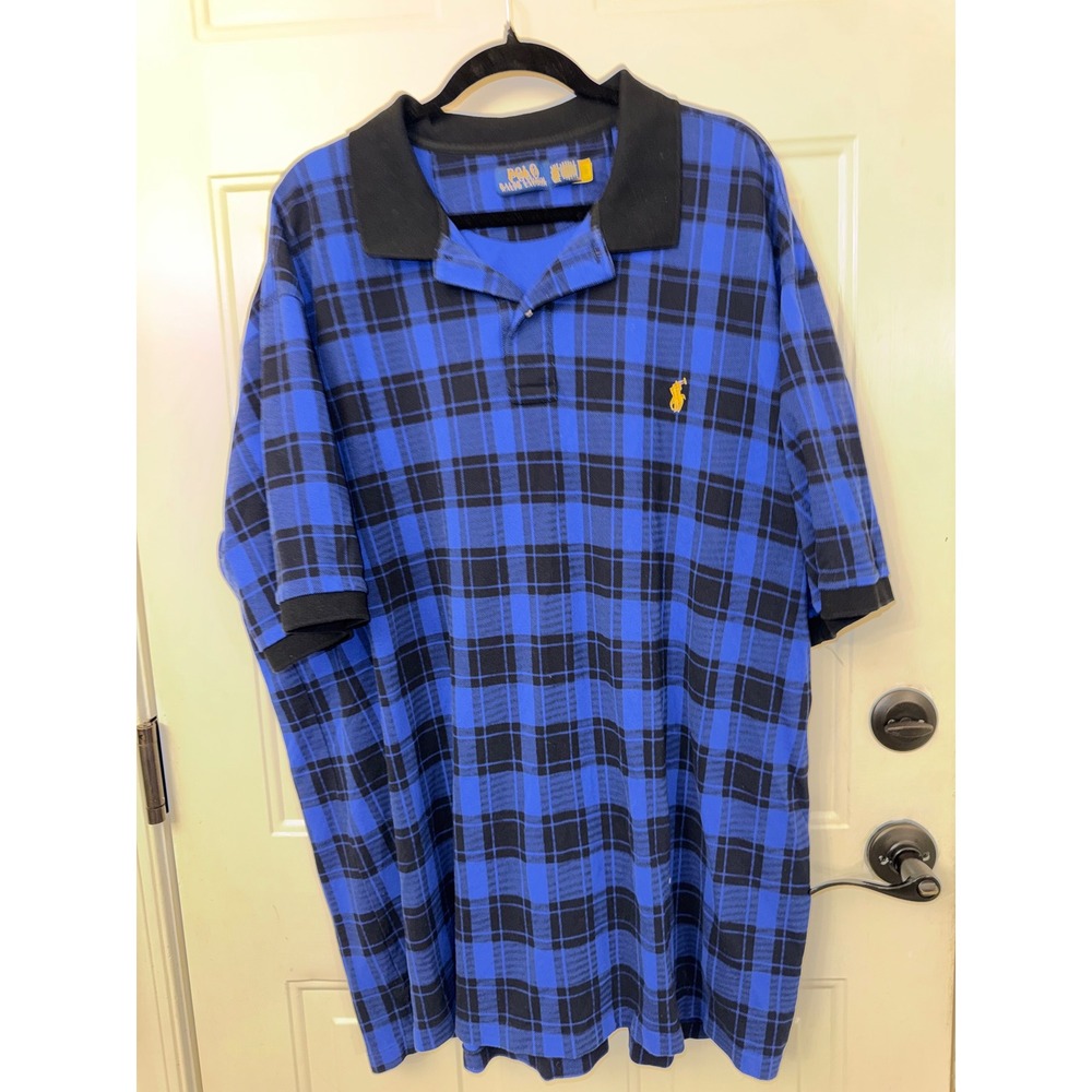 Polo Ralph Lauren Mens 4XB Blue Black Plaid Pique Short Sleeve Polo Shirt Pony